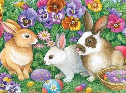 Image of Diamond painting of three cute bunnies enjoying a garden full of colorful pansies and Easter eggs