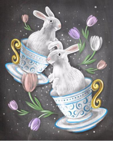 Image of Diamond painting of two cute white rabbits sitting in teacups, surrounded by tulips