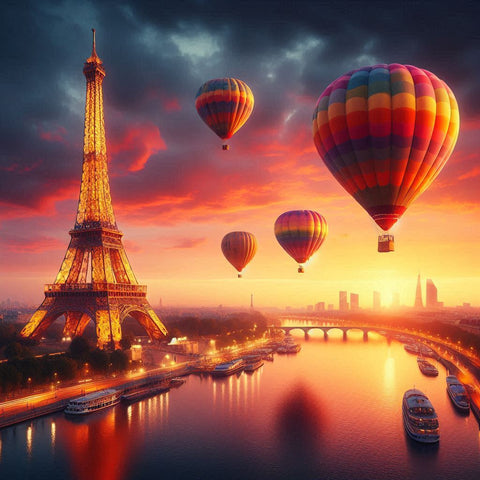 Image of Diamond painting of the Eiffel Tower with colorful hot air balloons flying over Paris.