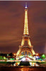 Diamond painting of the Eiffel Tower illuminated at night, with the city lights in the background