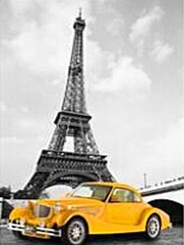 Image of Diamond painting of the Eiffel Tower in Paris, with a vintage yellow car parked in front