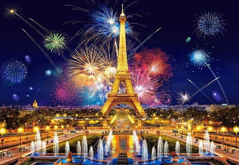 Image of Diamond painting of the Eiffel Tower with a fireworks display over Paris.