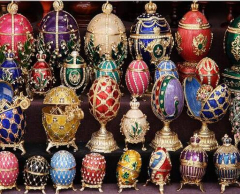 Image of Diamond painting of a collection of ornately decorated Easter eggs, including Fabergé-style eggs