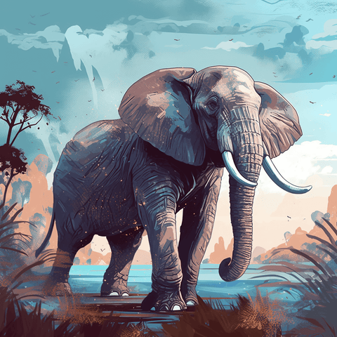 Image of Diamond painting of an elephant in a 2D style, with a colorful background and abstract elements