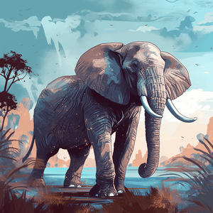 Diamond painting of an elephant in a 2D style, with a colorful background and abstract elements