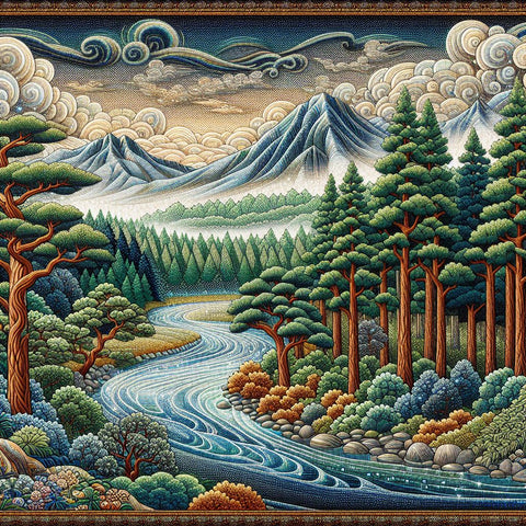 Image of Diamond painting of a lush emerald forest scene with a majestic mountain range in the background, rendered in a sparkling diamond painting style.