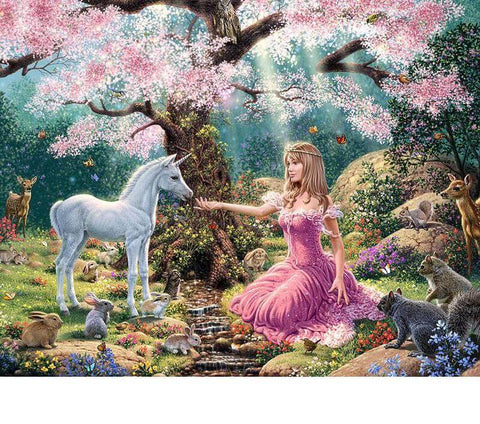 Image of Diamond painting of a Princess and unicorn in a magical forest