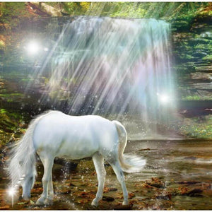 Diamond painting: White unicorn standing in a magical forest.