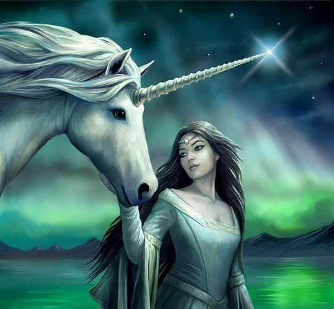 Image of Diamond painting of a Lady and her loyal unicorn.