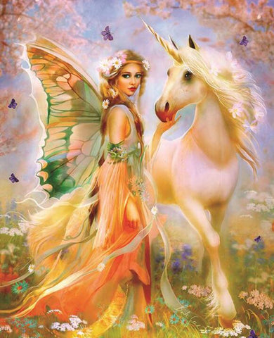 Image of Diamond painting of a whimsical unicorn fairy with her magical companion.