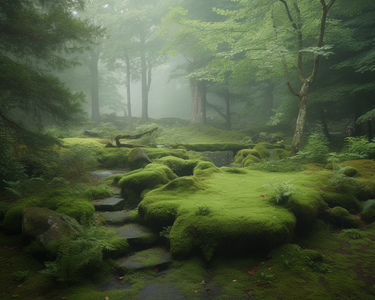 Enchanting forest scene featuring lush moss and a stone pathway.