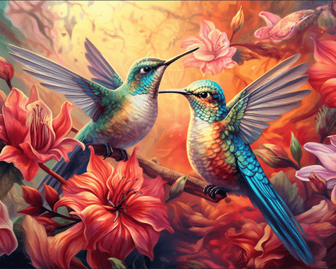 Image of Diamond painting featuring two colorful hummingbirds feeding from vibrant flowers.