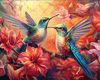 Diamond painting featuring two colorful hummingbirds feeding from vibrant flowers.