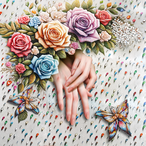 Image of Entwined Hands with Floral Bouquet and Butterflies Diamond Painting