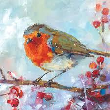 Image of Vibrant diamond painting of a European Robin perched on a snow-covered branch, surrounded by red berries.