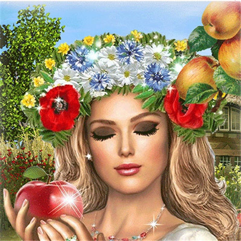 Image of A diamond painting of Eve, the biblical figure, wearing a flower crown and holding an apple.