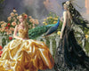 Diamond painting of a fairy and princess on a balcony with a peacock and flowers.