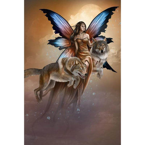 Image of Diamond painting of a Fairy with two wolves