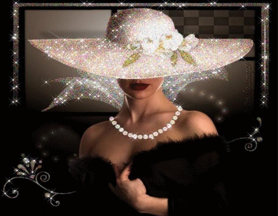 Diamond painting of a mysterious fancy lady in black.