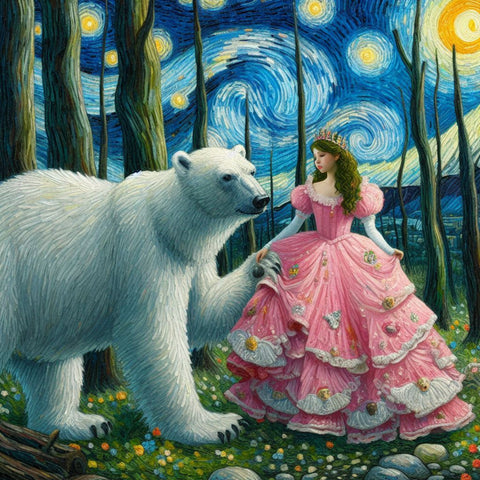 Image of Sparkling diamond painting with a whimsical scene of a fairy and a polar bear