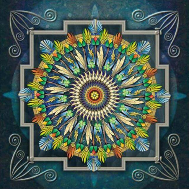 Diamond painting mandala featuring colorful feathers.