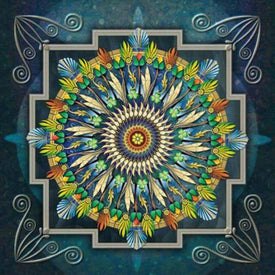 Diamond painting mandala featuring colorful feathers.