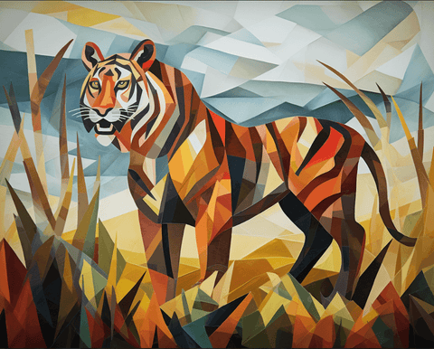 Image of Diamond painting of a fierce tiger in a cubist art style, with fragmented and geometric shapes.