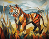 Diamond painting of a fierce tiger in a cubist art style, with fragmented and geometric shapes.