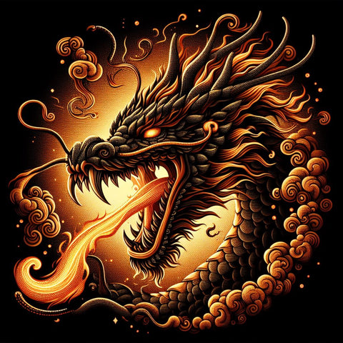 Image of Diamond painting of a fire-breathing dragon