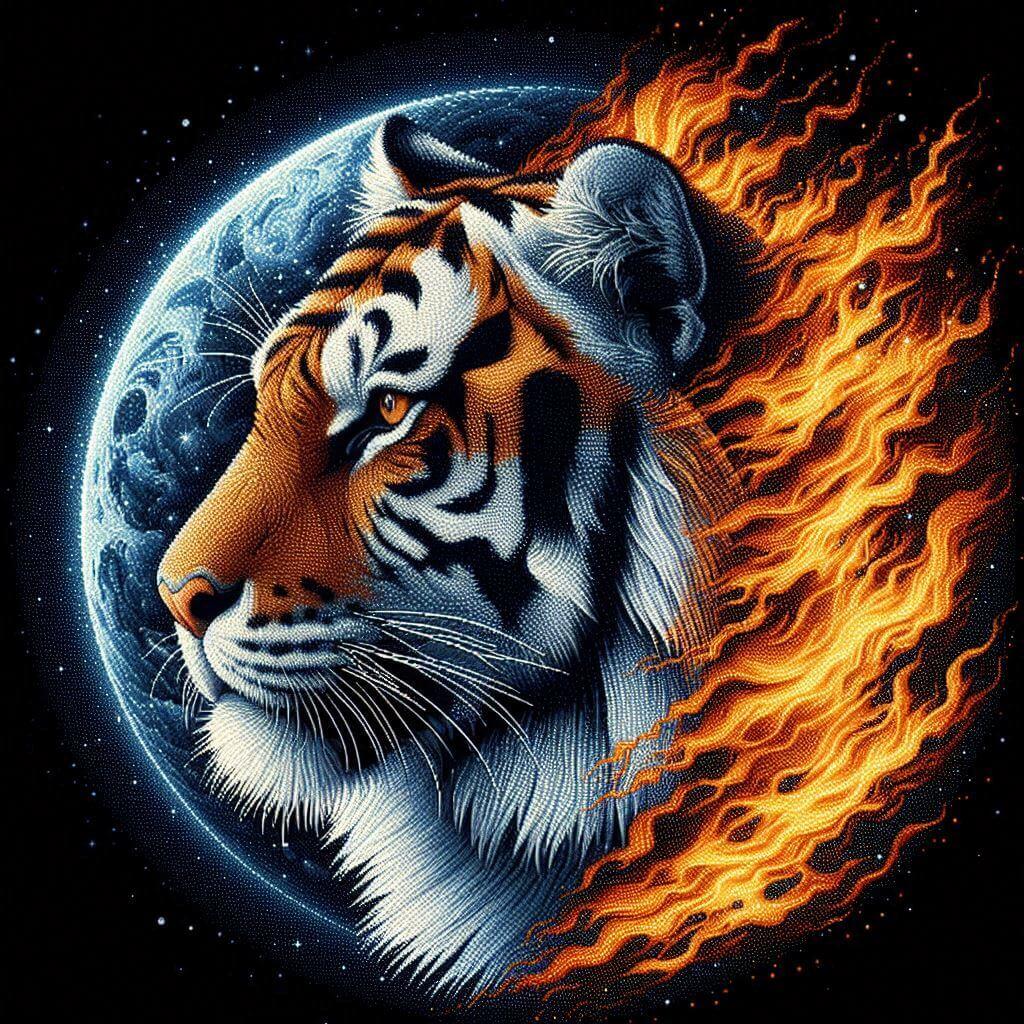 Diamond painting of a powerful tiger engulfed in flames.
