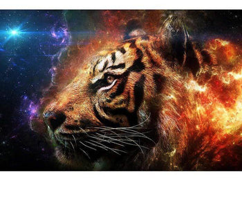Diamond painting of a fiery tiger with a mane of flames.