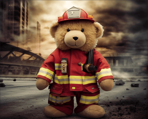 Image of A diamond painting of a teddy bear dressed as a firefighter, standing in front of a burning building.