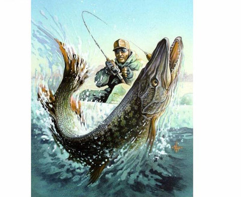 Image of A diamond painting of a fisherman reeling in a big fish from a lake.