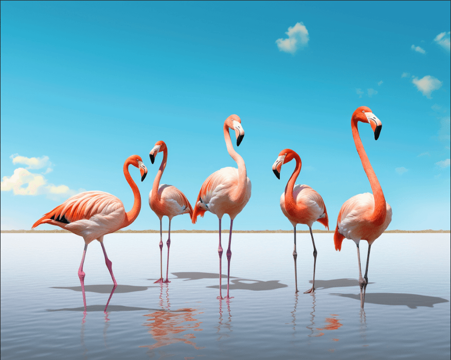 A diamond painting of a flock of pink flamingos standing in shallow water.