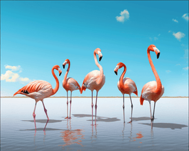 A diamond painting of a flock of pink flamingos standing in shallow water.
