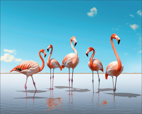 Image of A diamond painting of a flock of pink flamingos standing in shallow water.