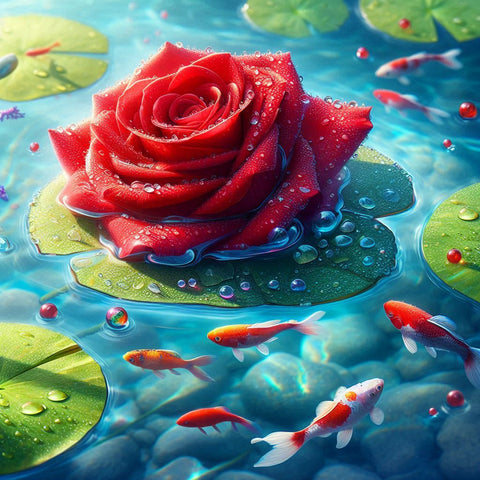 Image of diamond painting of a Red rose floating on water 