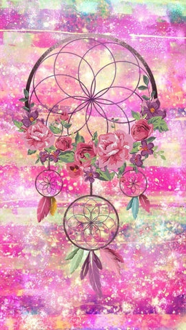 Image of A colorful diamond painting of a dreamcatcher adorned with flowers and feathers.