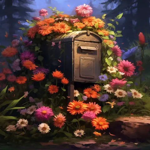 Image of A colorful diamond painting of a vintage mailbox surrounded by a vibrant garden of flowers.