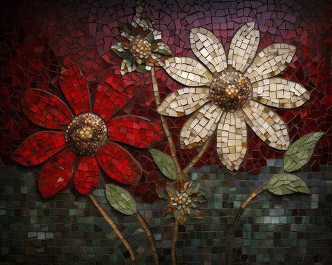 Image of Mosaic of two colorful flowers made with diamond painting.