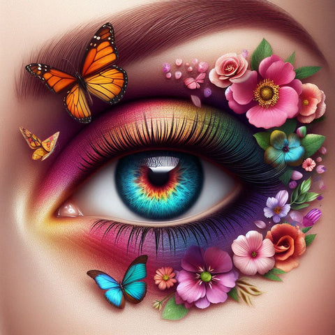 Image of Diamond painting of a colorful eye surrounded by flowers and butterflies.