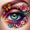 Diamond painting of a colorful eye surrounded by flowers and butterflies.