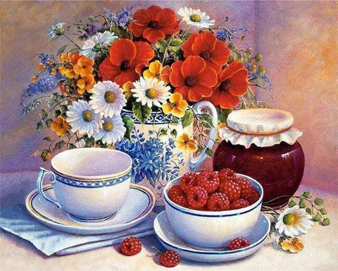 Image of A colorful still life painting featuring a vase of flowers, a bowl of raspberries, and teacups.