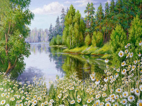 Image of Diamond painting of a colorful lake landscape with blooming flowers.