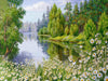 Diamond painting of a colorful lake landscape with blooming flowers.