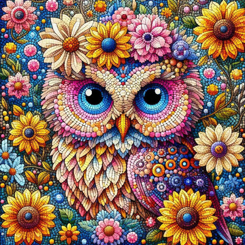 Image of Diamond painting of a colorful owl surrounded by flowers