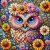 Diamond painting of a colorful owl surrounded by flowers