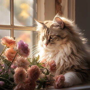 Diamond painting of a fluffy cat sitting by a window, gazing at a bouquet of flowers.