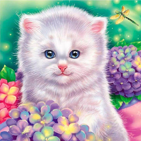 Image of Diamond painting of a white cat with fluffy fur. 