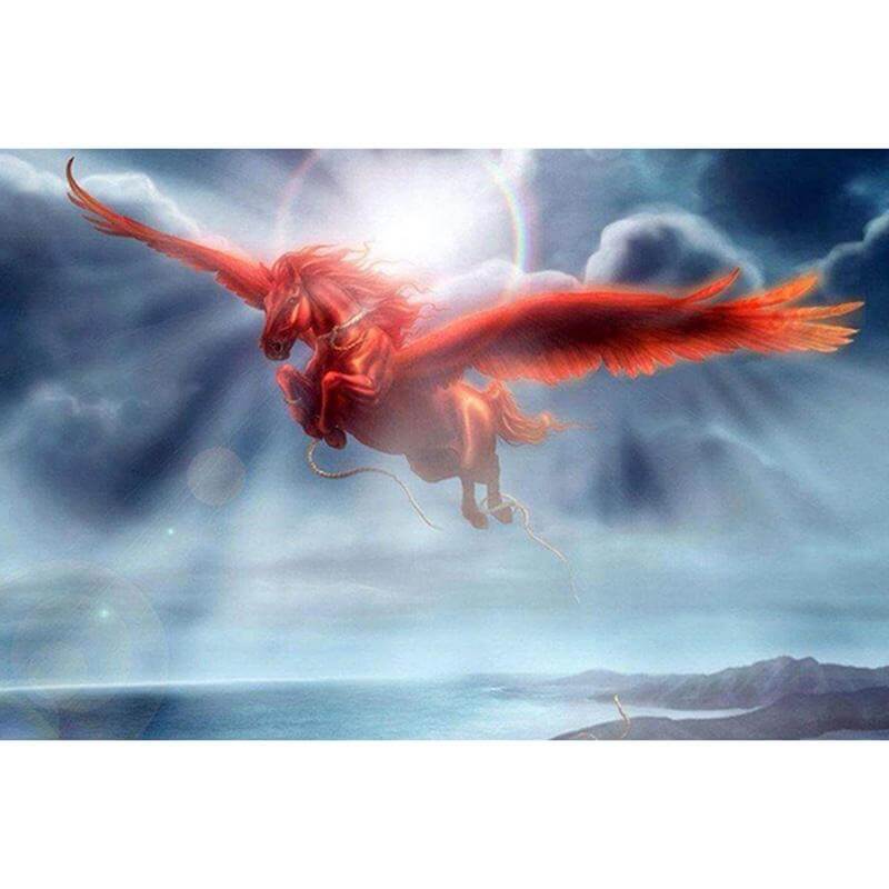 Diamond painting of a red flying horse with wings soaring through a clear blue sky.